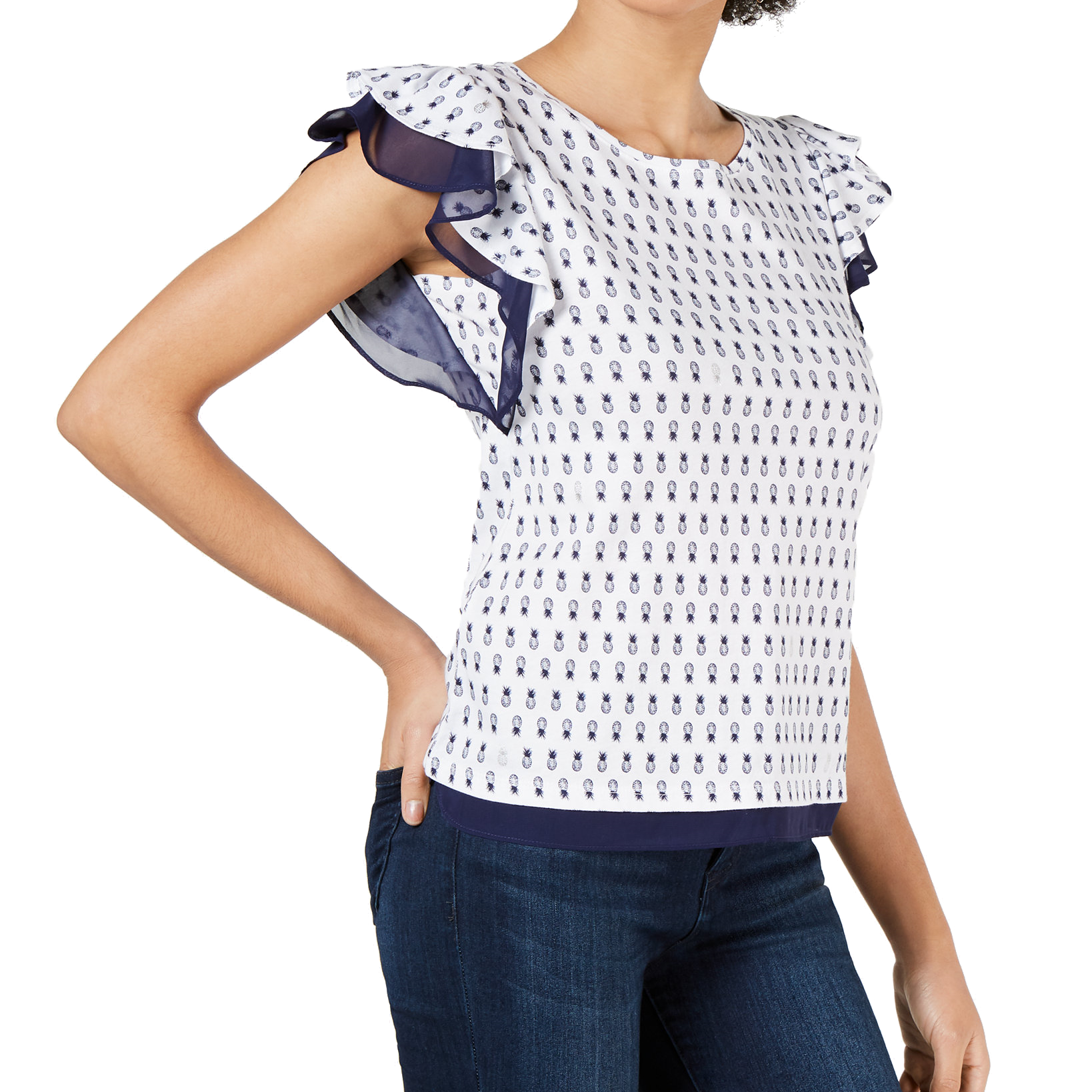 Maison Jules Women Printed Flutter Sleeve Top Bright White Combo