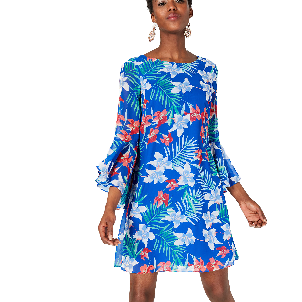 INC International Concepts Women Floral Chiffon Bell Sleeve Dress Royal Apple Blue