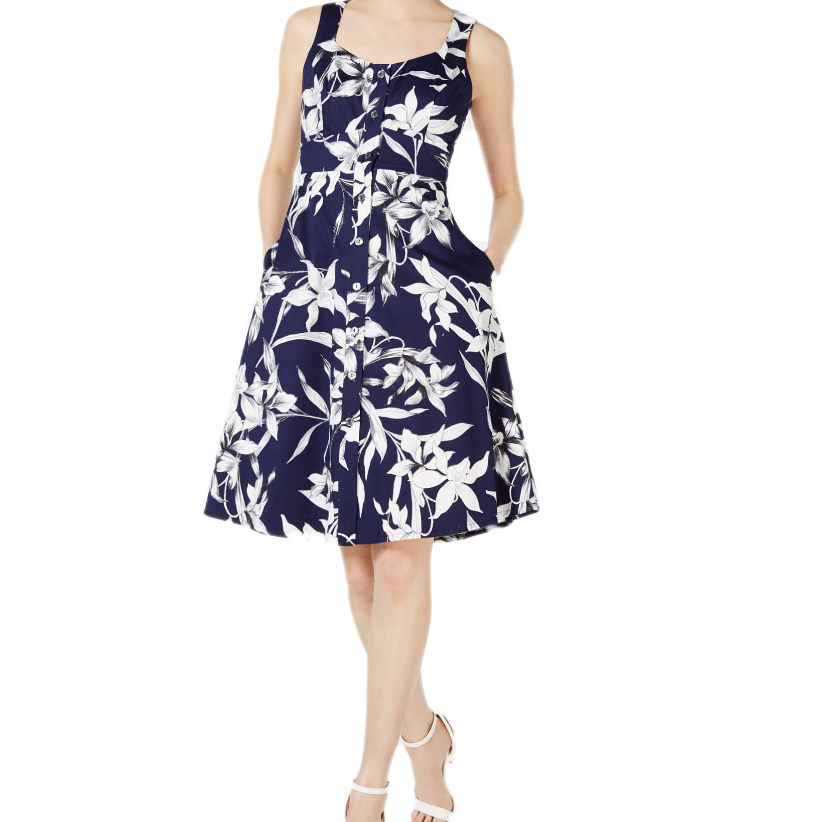 Taylor Women Button Front Fit & Flare Dress Navy Ivory