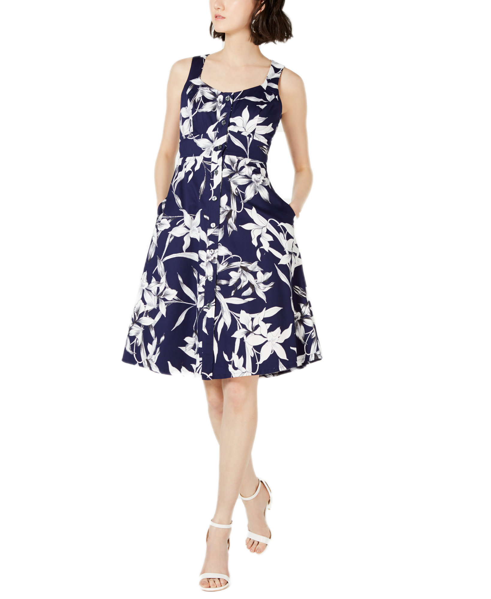 Taylor Women Button Front Fit & Flare Dress Navy Ivory