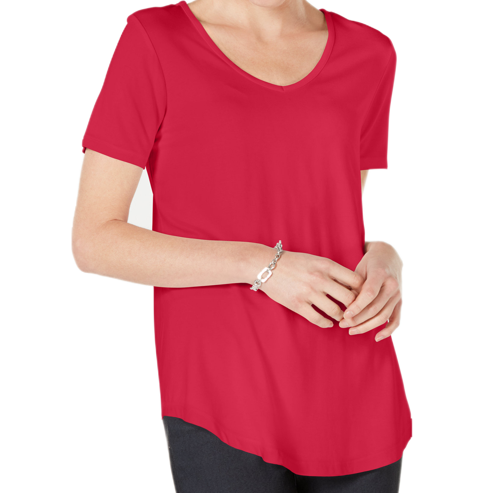 JM Collection Women Petite Lattice Back V Neck Top Pink Twist
