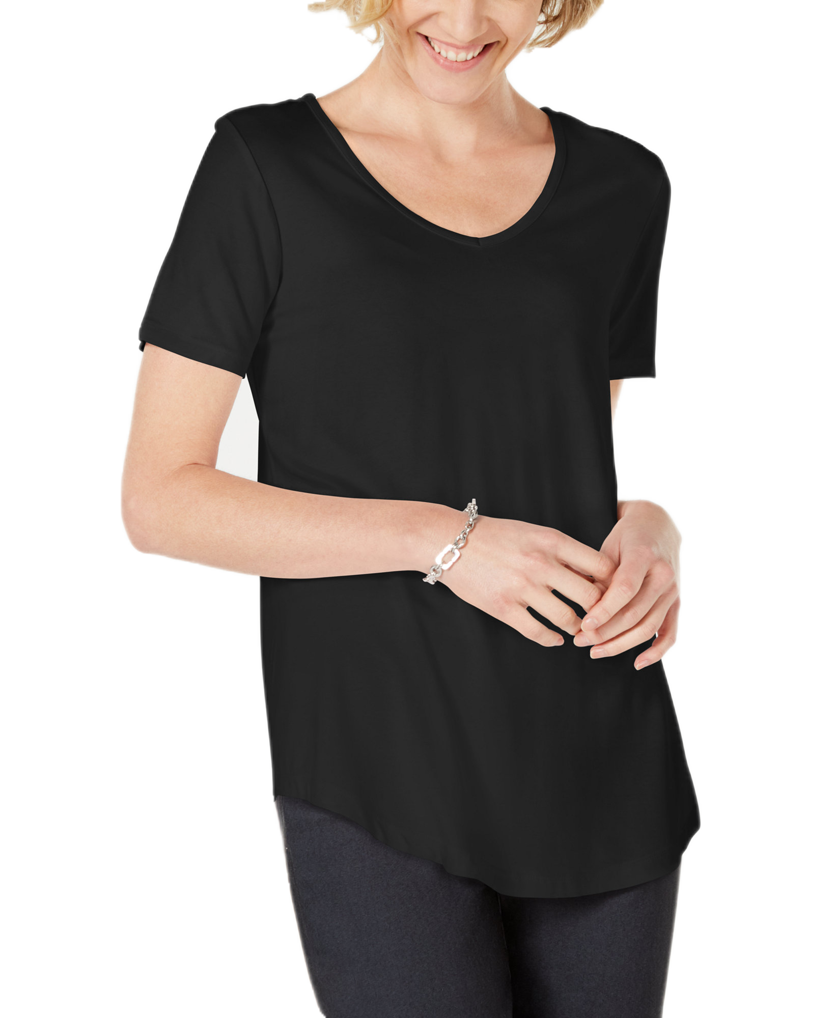 JM Collection Women Petite Lattice Back V Neck Top Black