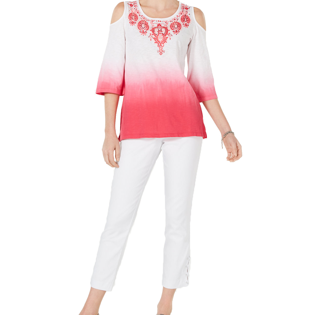 JM Collection Women Petite Cotton Embroidered Ombre Cold Shoulder Top