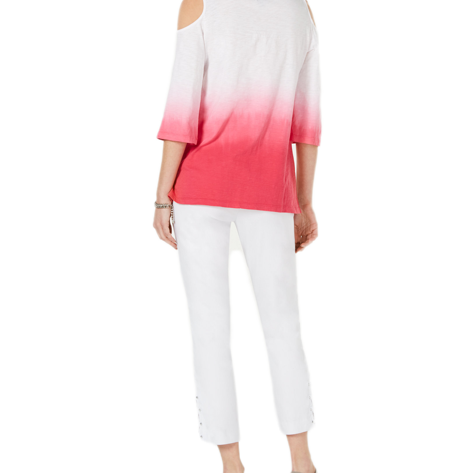JM Collection Women Petite Cotton Embroidered Ombre Cold Shoulder Top