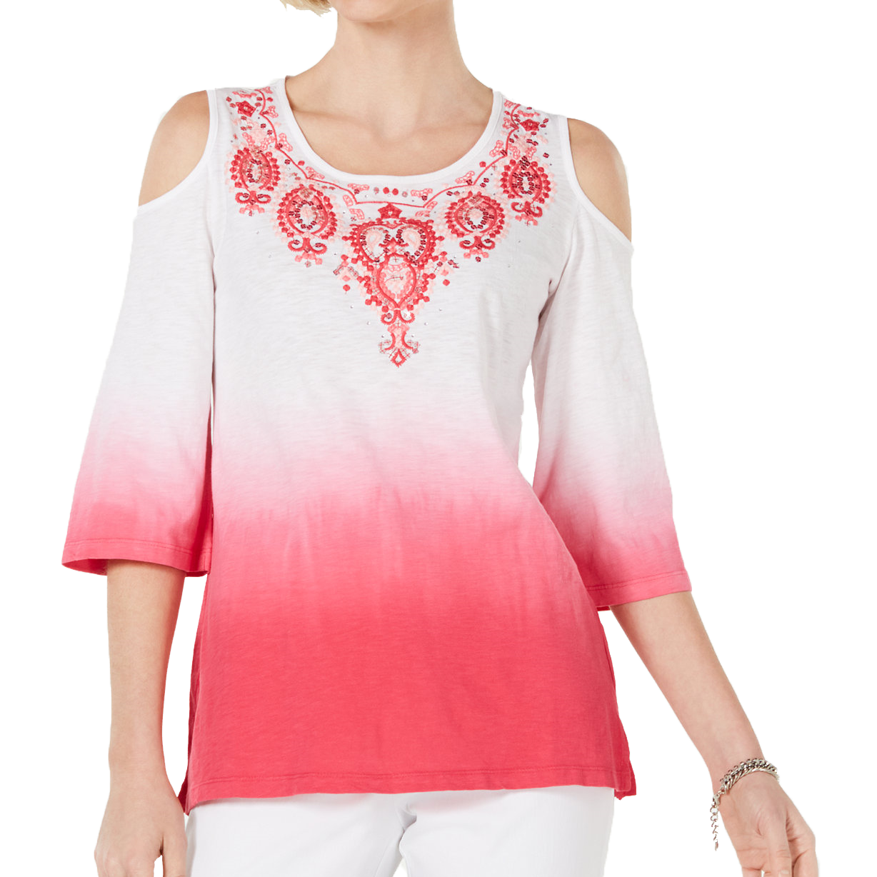 JM Collection Women Petite Cotton Embroidered Ombre Cold Shoulder Top Pink Twist