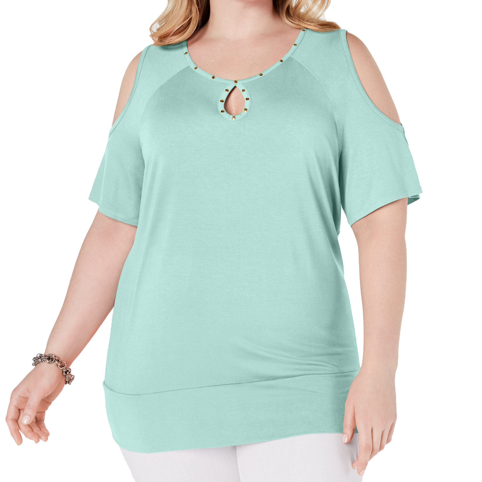 JM Collection Women Plus Studded Cold Shoulder Top Aqua Flash