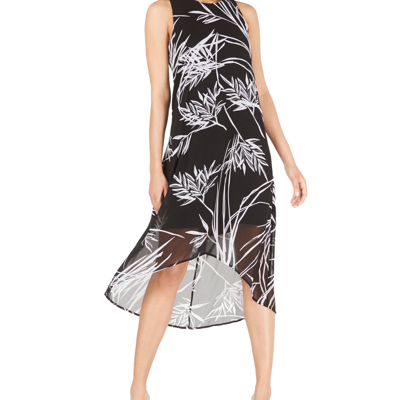 Alfani Women Petite Printed High Low Dress Black Midnight Palm