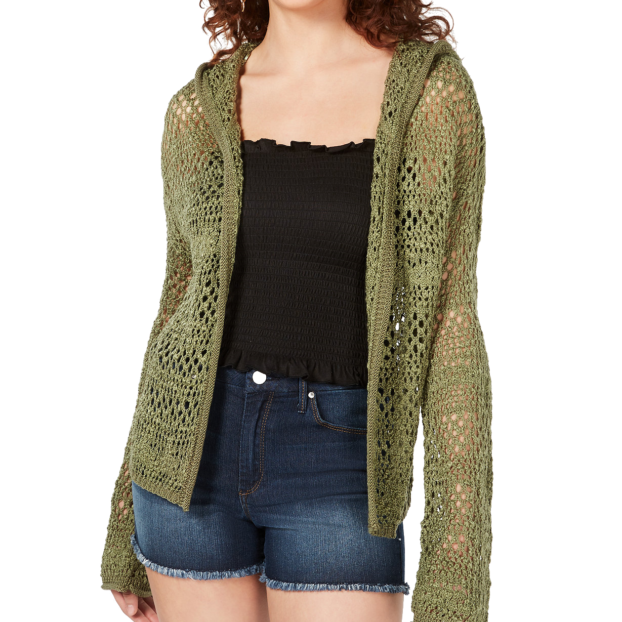 Freshman Women Pointelle Knit Hoodie Olive