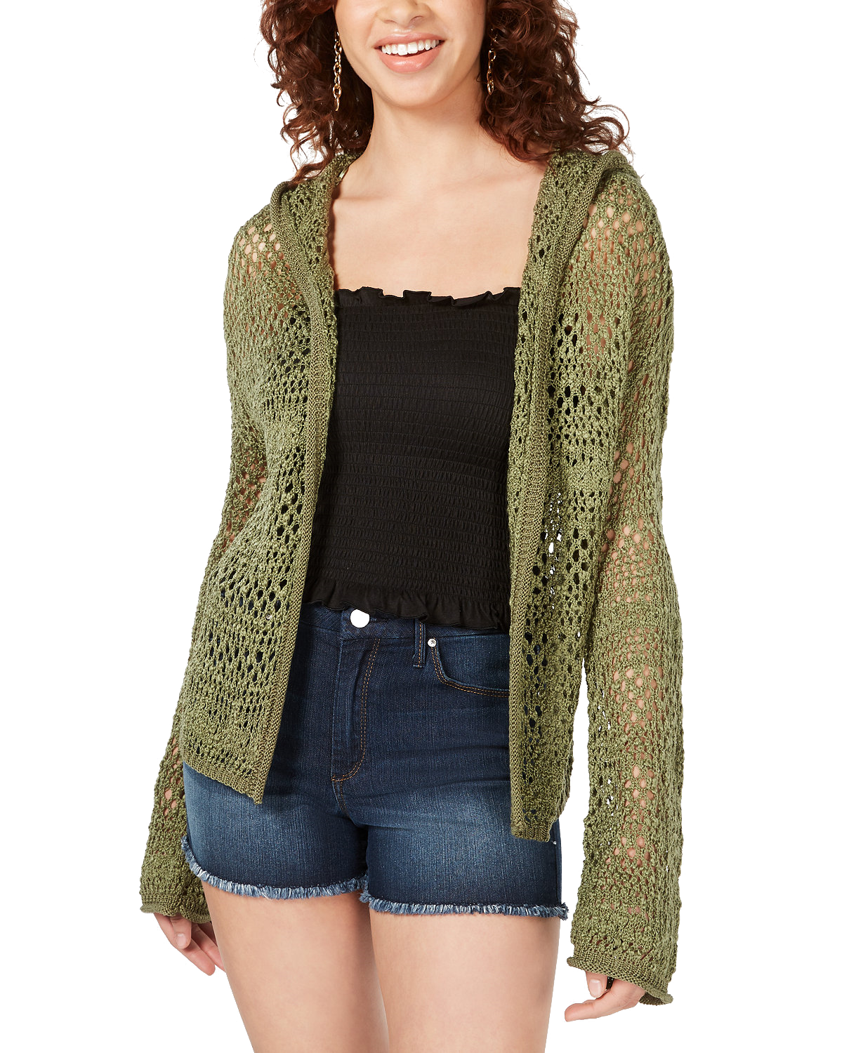 Freshman Women Pointelle Knit Hoodie Olive