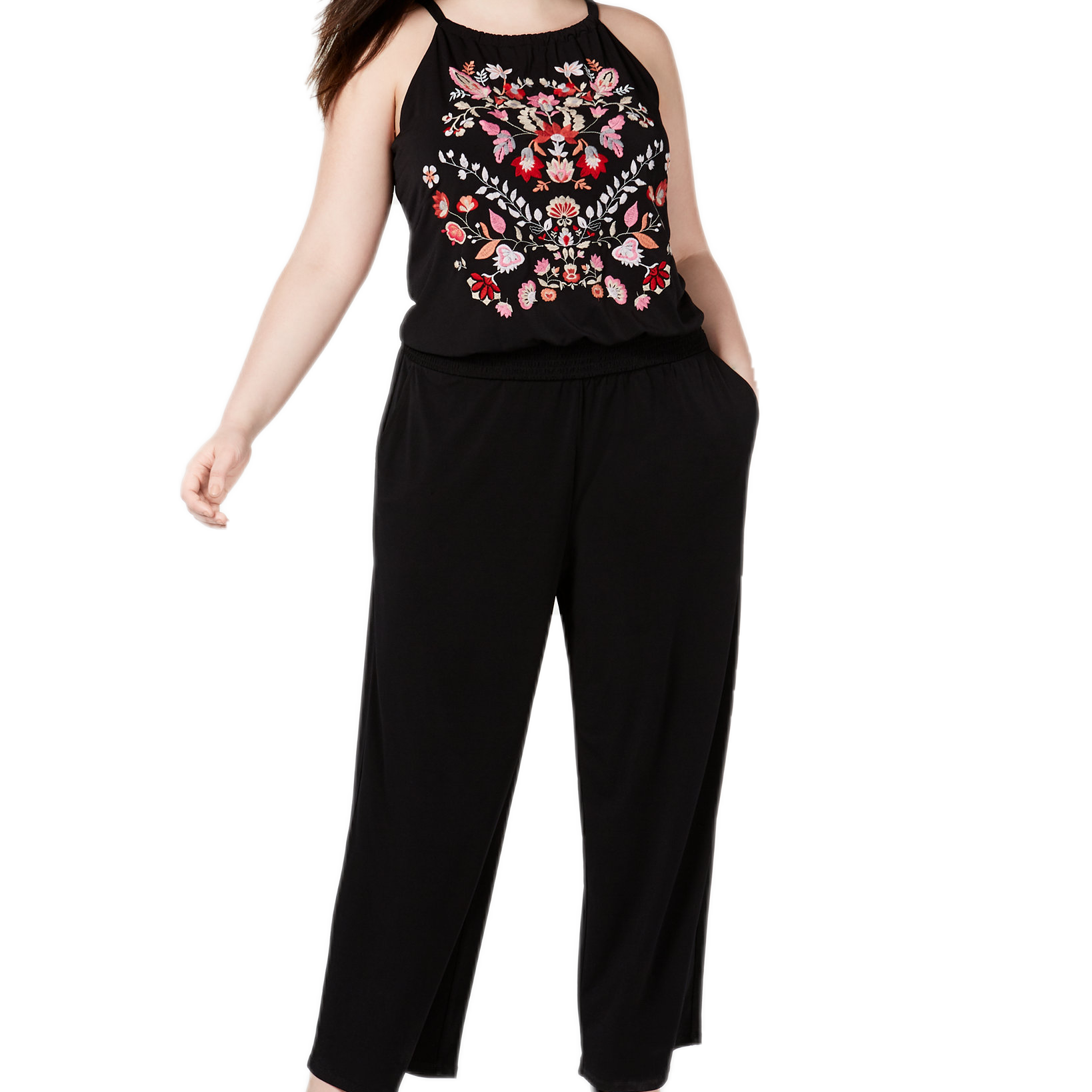 INC International Concepts Women Plus Embroidered Jumpsuit Royal Floral Embroidery