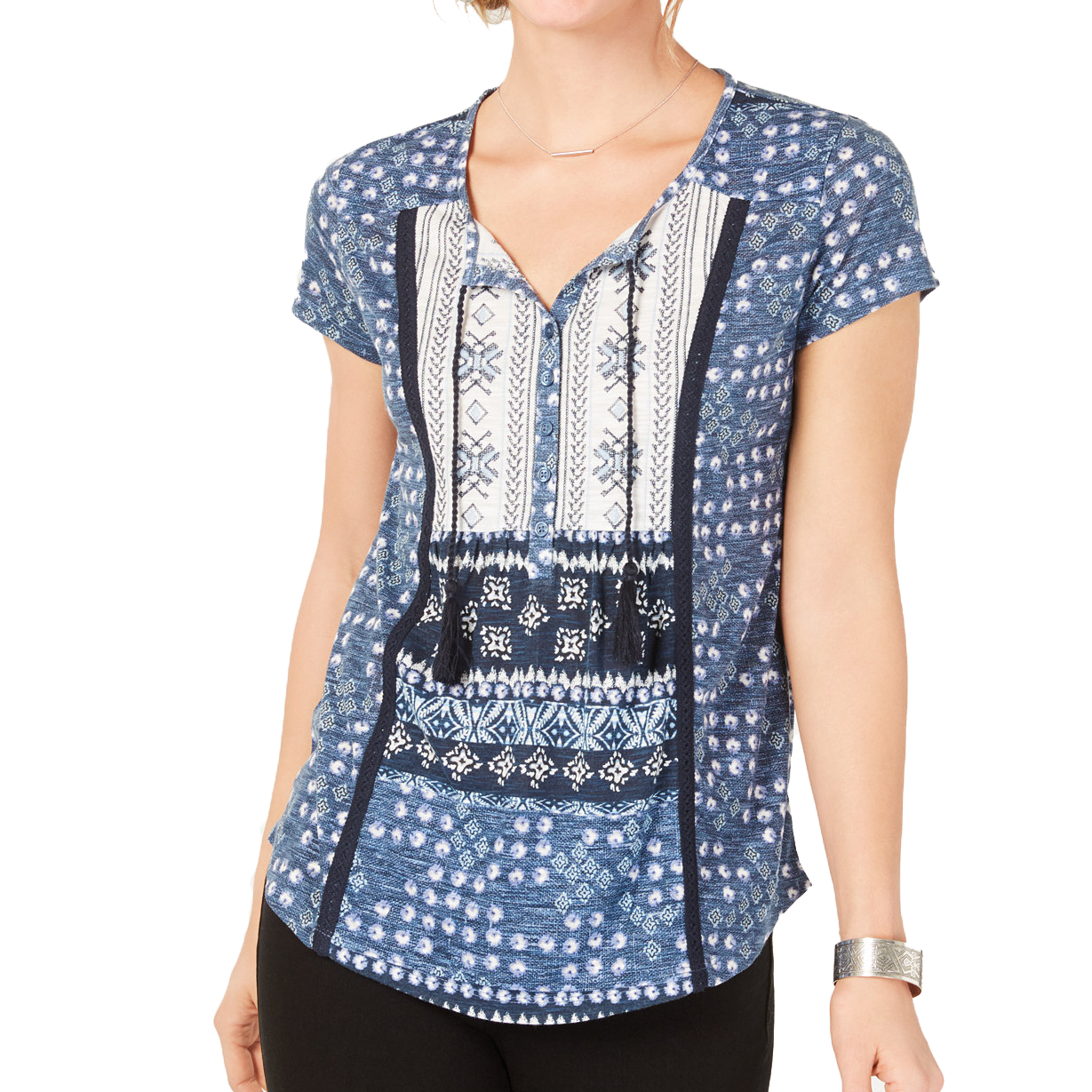 Style & Co Printed Crochet Trim Top Ocean Surf
