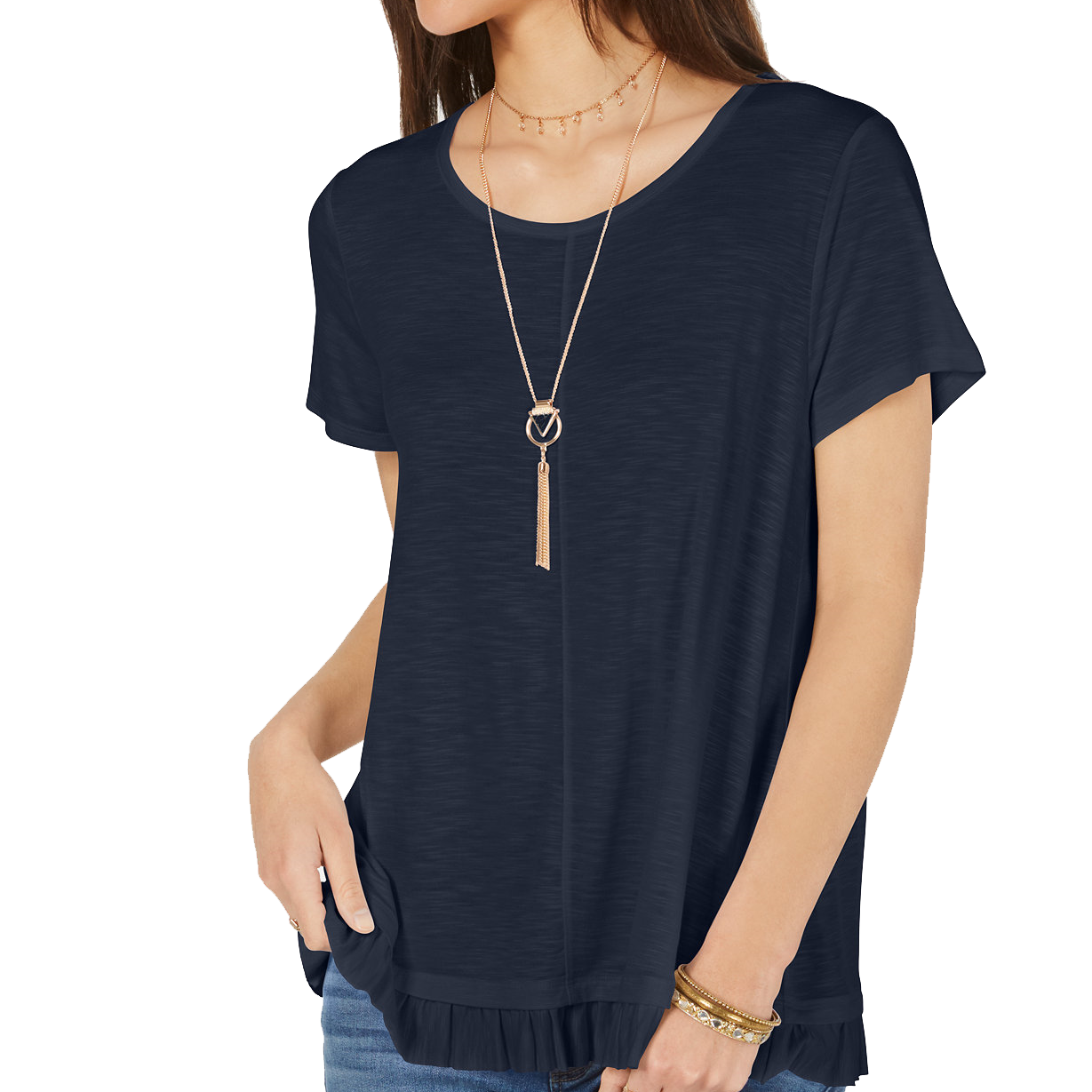 Style & Co Women Petite Ruffled Hem Top Industrial Blue