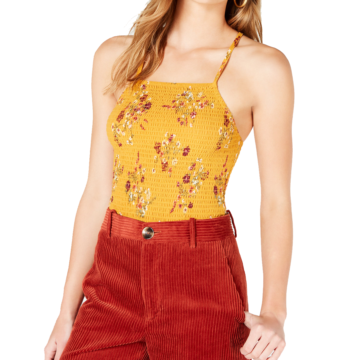 Hippie Rose Women Smocked Crisscross Strap Top Yellow Floral