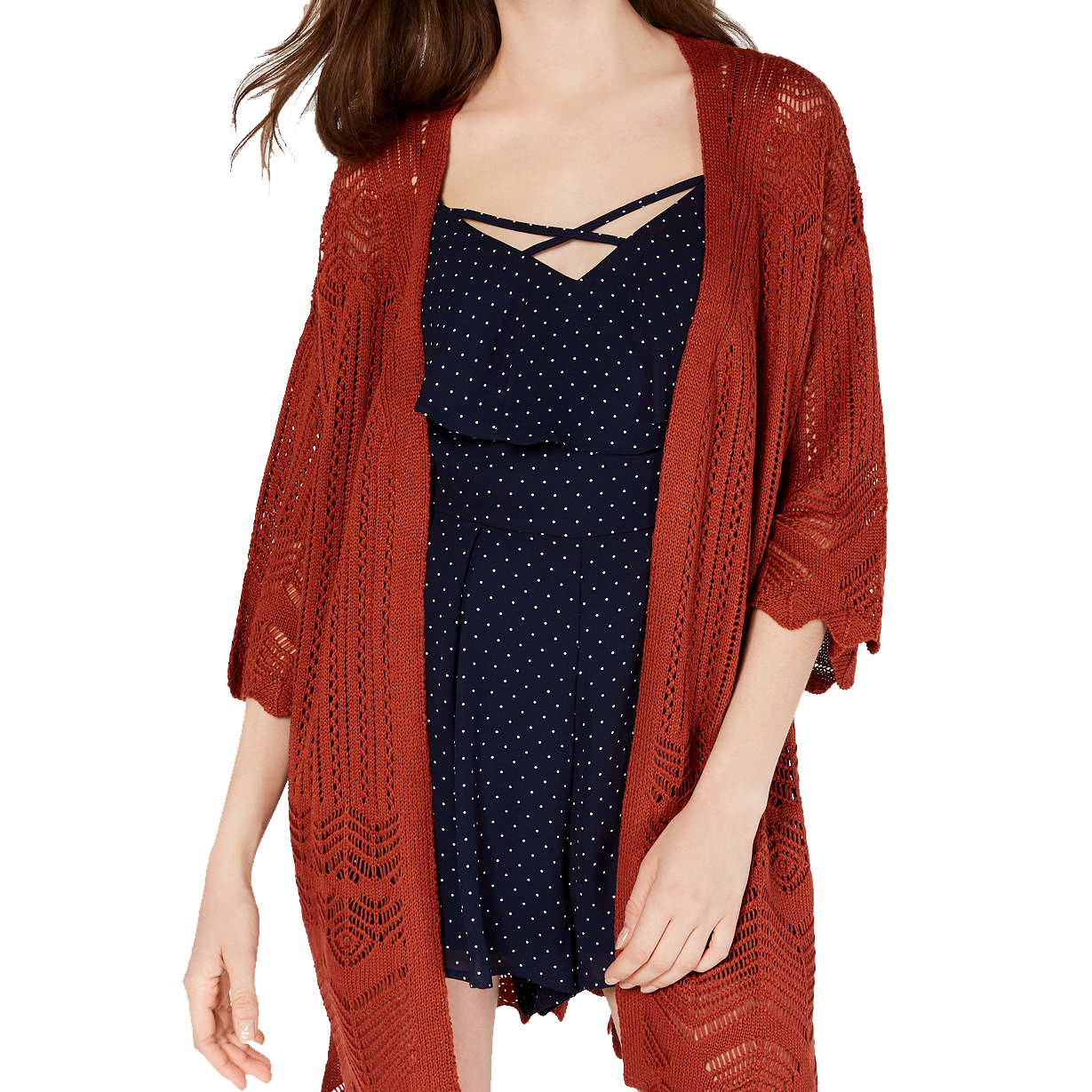 Hippie Rose Women Pointelle Elbow Sleeve Cardigan Barn Red
