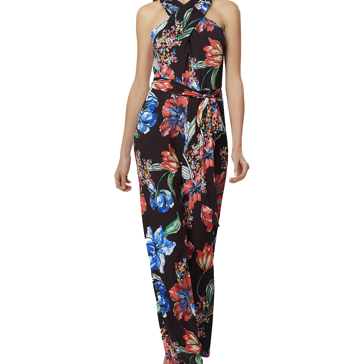 Tahari ASL Women Printed Halter Neck Jumpsuit Painted Blooms Black