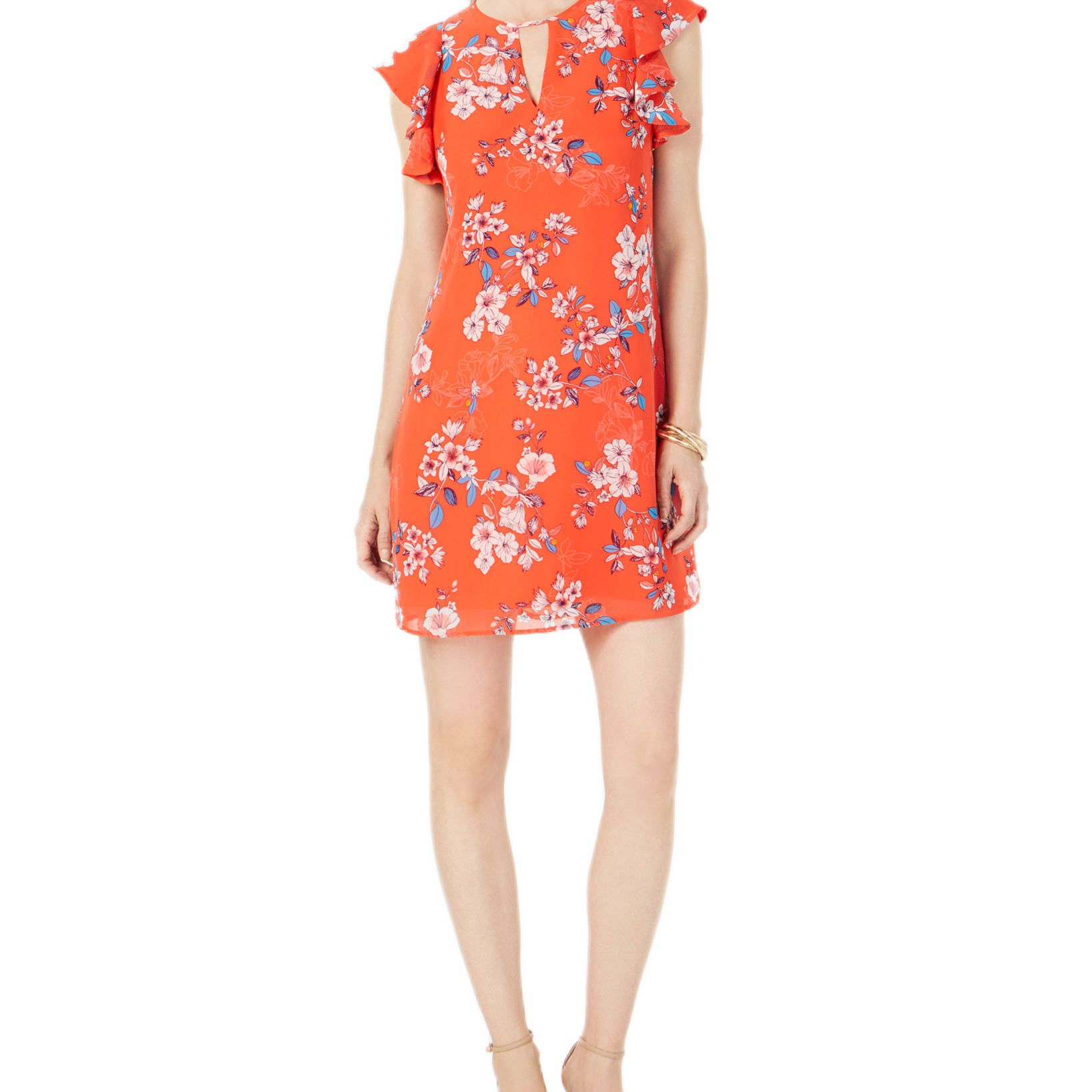 Vince Camuto Women Keyhole Chiffon Dress Orange Floral