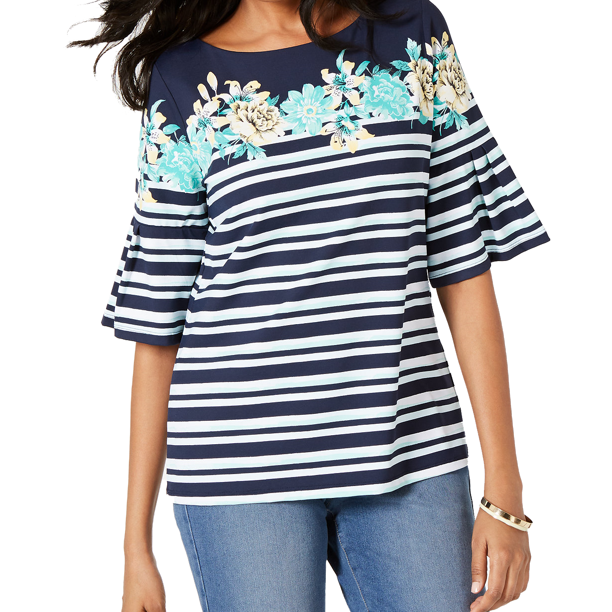 Charter Club Women Tropical Stripe Bell Sleeve Top Intrepid Blue Combo