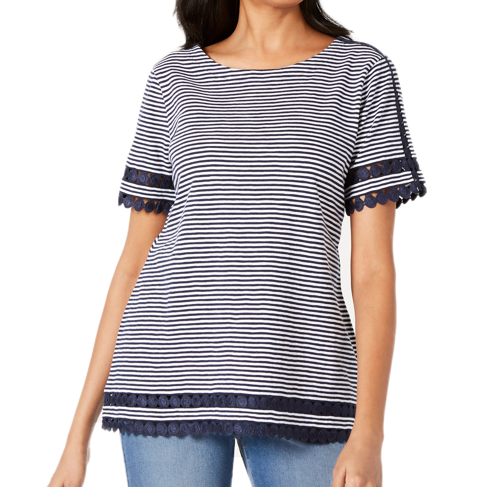 Charter Club Women Cotton Lace Trim Striped Top Intrepid Blue Combo