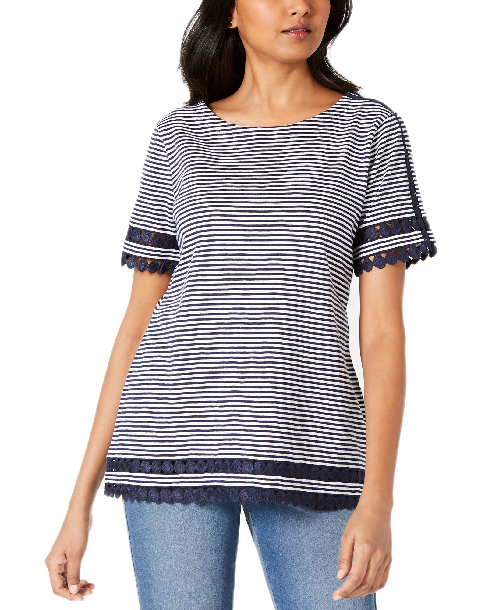 Charter Club Women Cotton Lace Trim Striped Top Intrepid Blue Combo