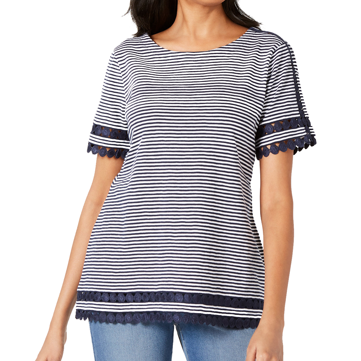 Charter Club Women Petite Cotton Circle Trim Top Intrepid Blue Combo
