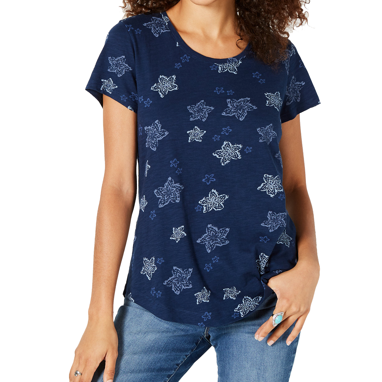 Style & Co Women Cotton Printed Scoop Neck Top Stardust Navy