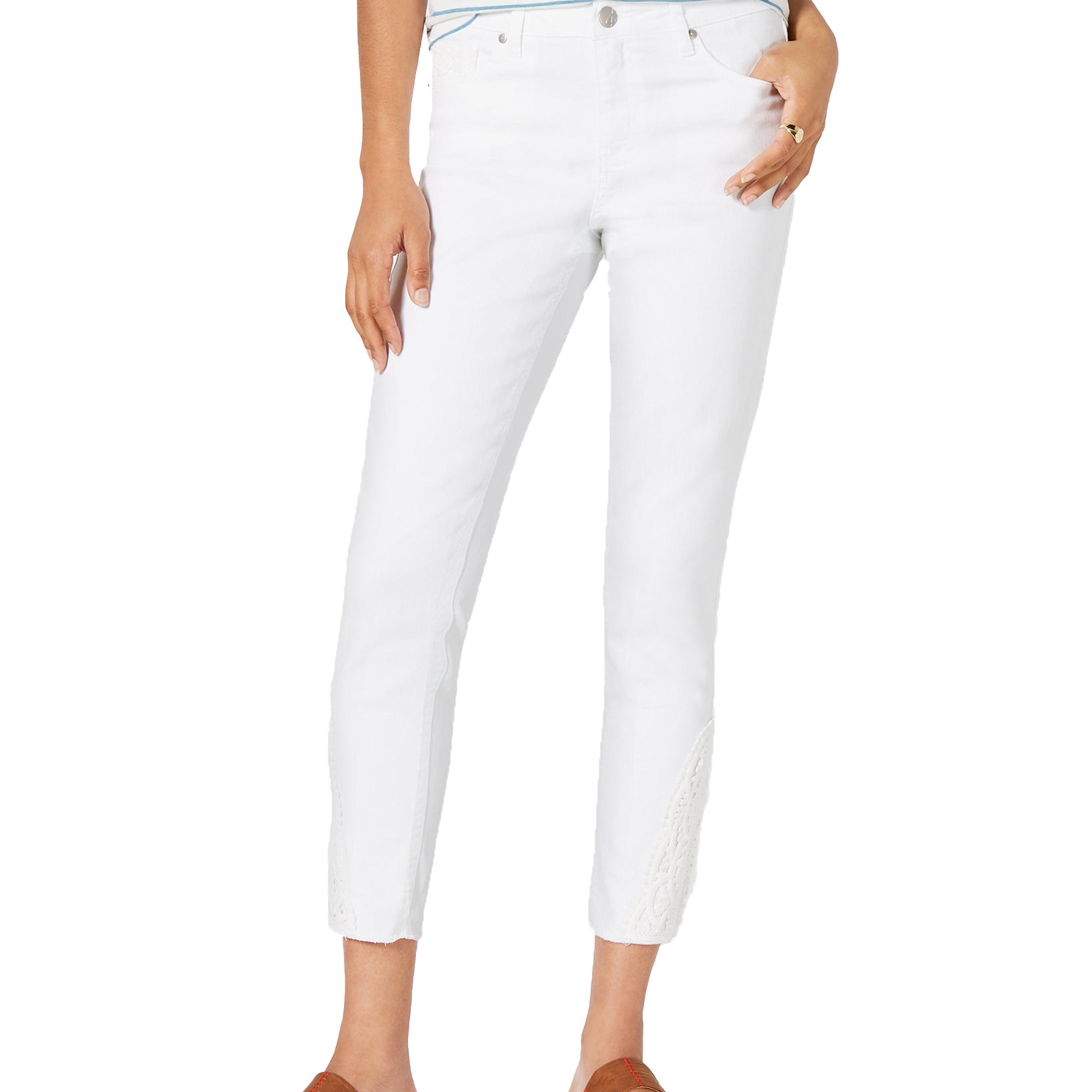 Style & Co Women Petite Crochet Trim Skinny Jeans Bright White