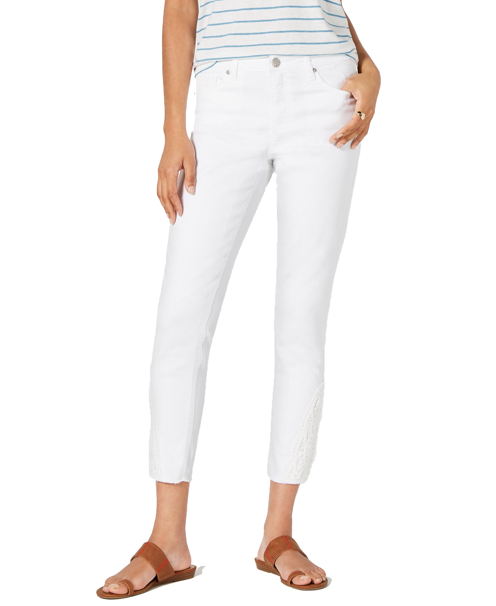 Style & Co Women Petite Crochet Trim Skinny Jeans Bright White