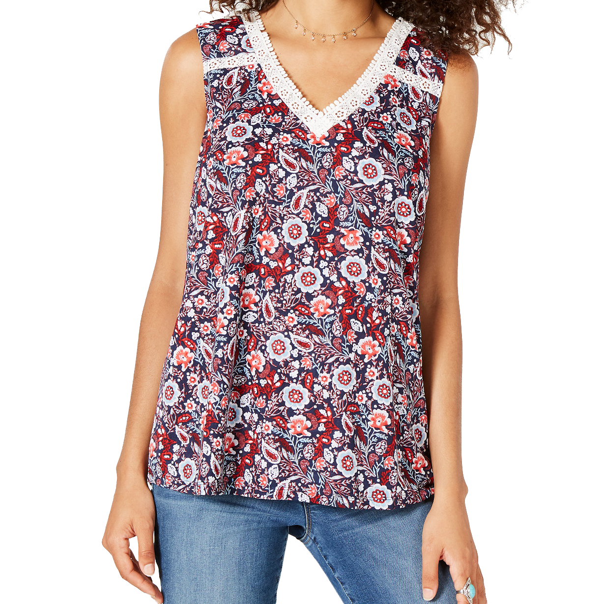 Style & Co Women Floral Print Lace Trim Top Folkloric Red