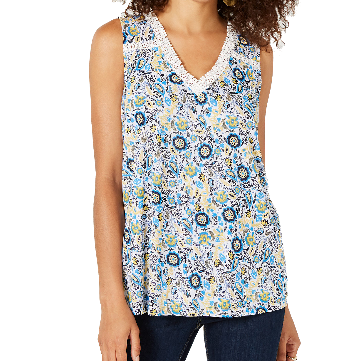Style & Co Women Floral Print Lace Trim Top Folkloric Blue