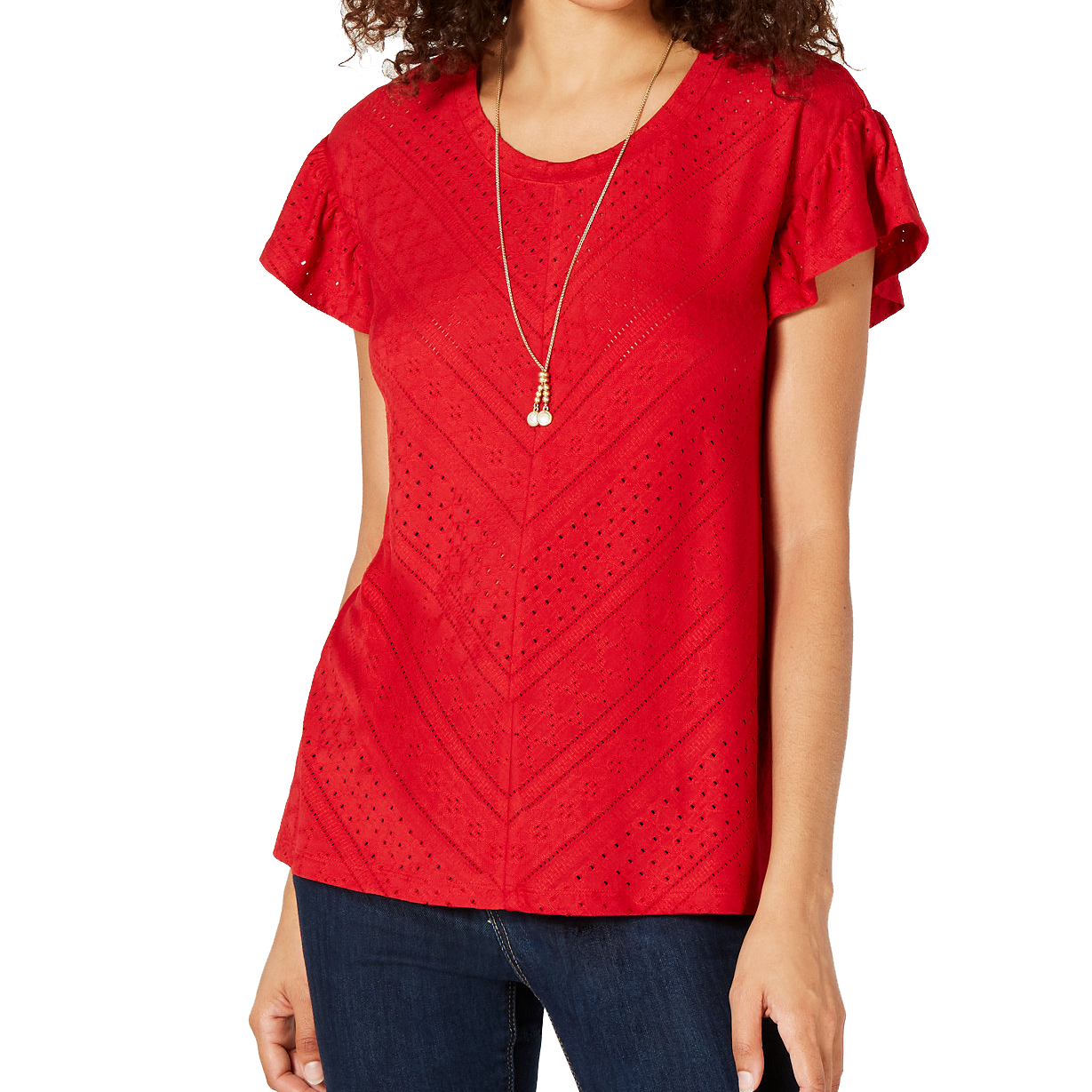 Style & Co Women Eyelet Detail Flutter Sleeve Top Red