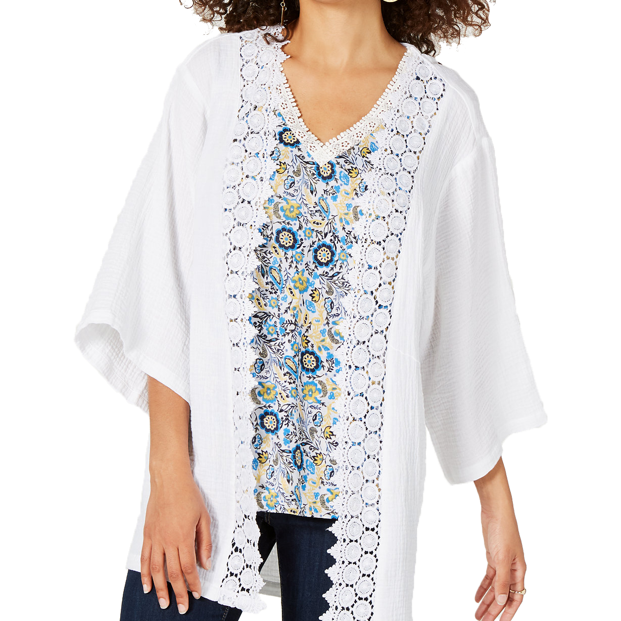 Style & Co Women Cotton Textured Lace Trim Kimono Bright White