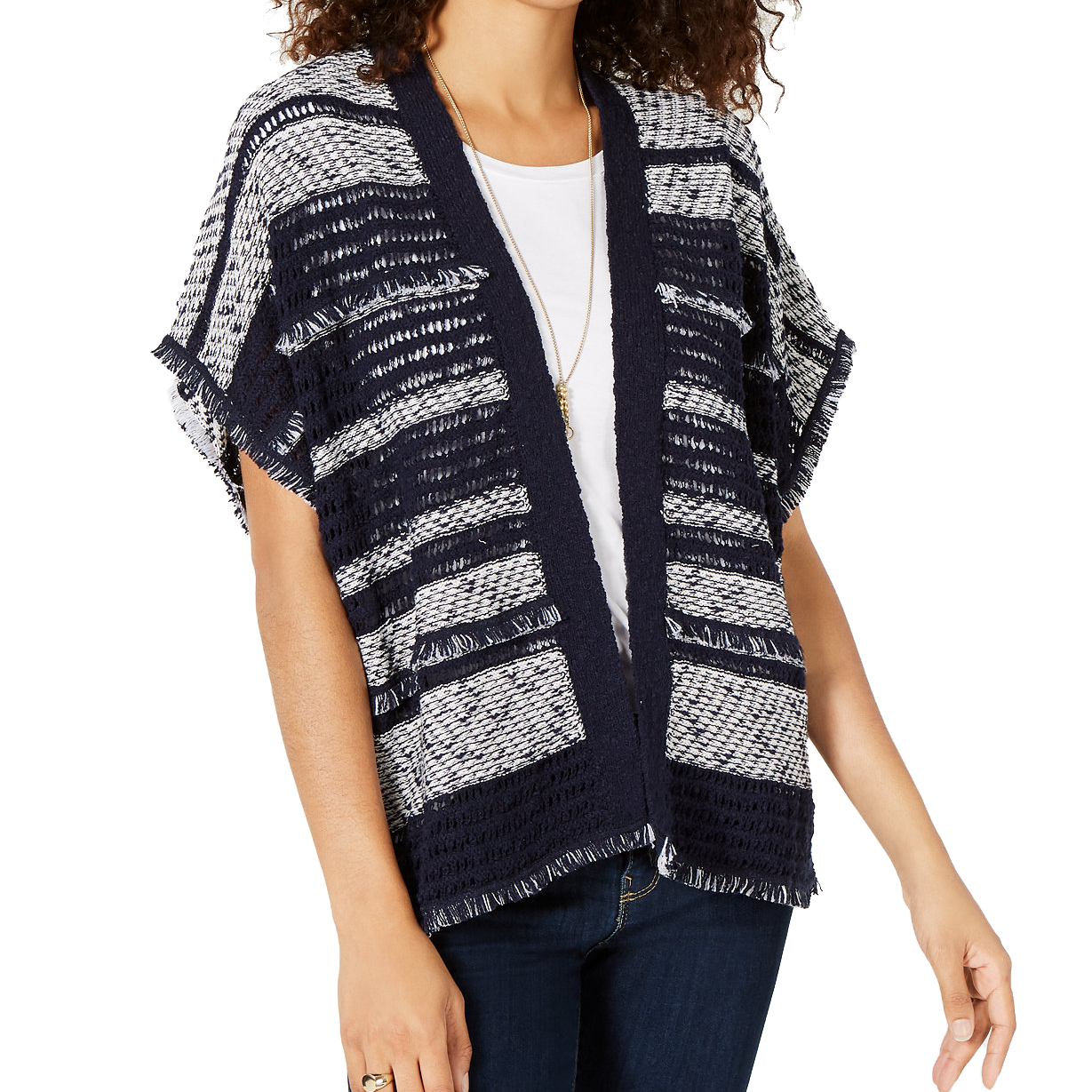 Style & Co Women Mixed Knit Fringe Trim Cardigan Camel Blue Combo