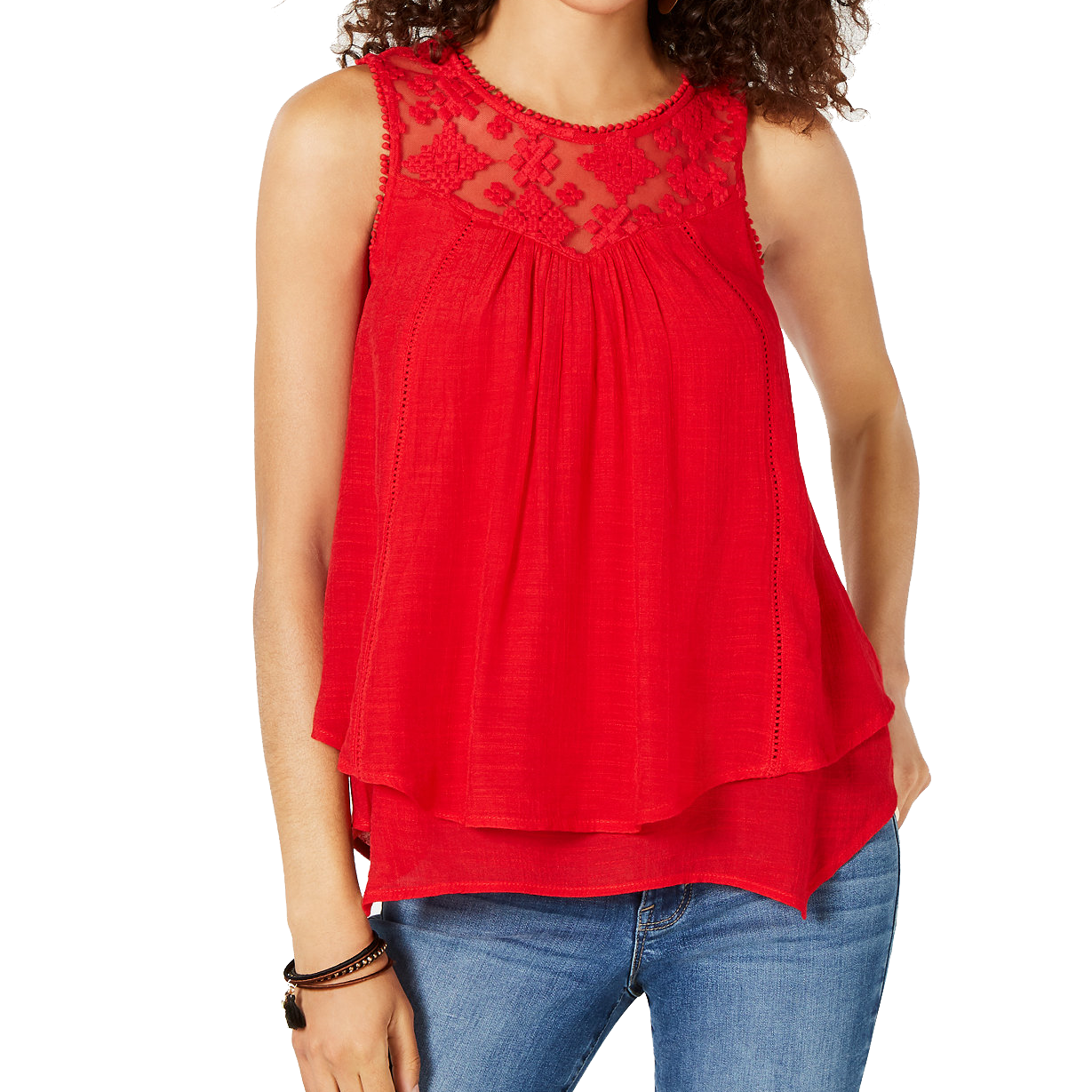 Style & Co Women Lace Trim Swing Top Real Red