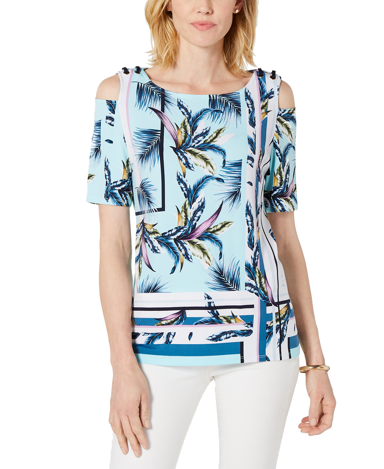 JM Collection Women Petite Printed Cold Shoulder Top Havana Tropics