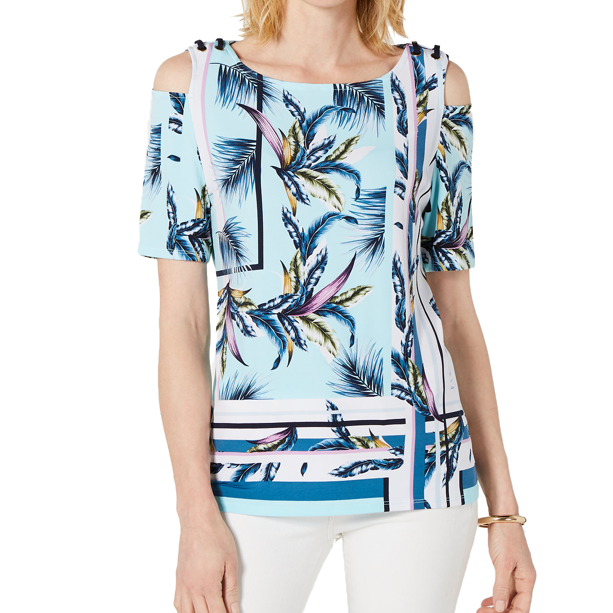 JM Collection Women Cold Shoulder Grommet Top Havana Tropics