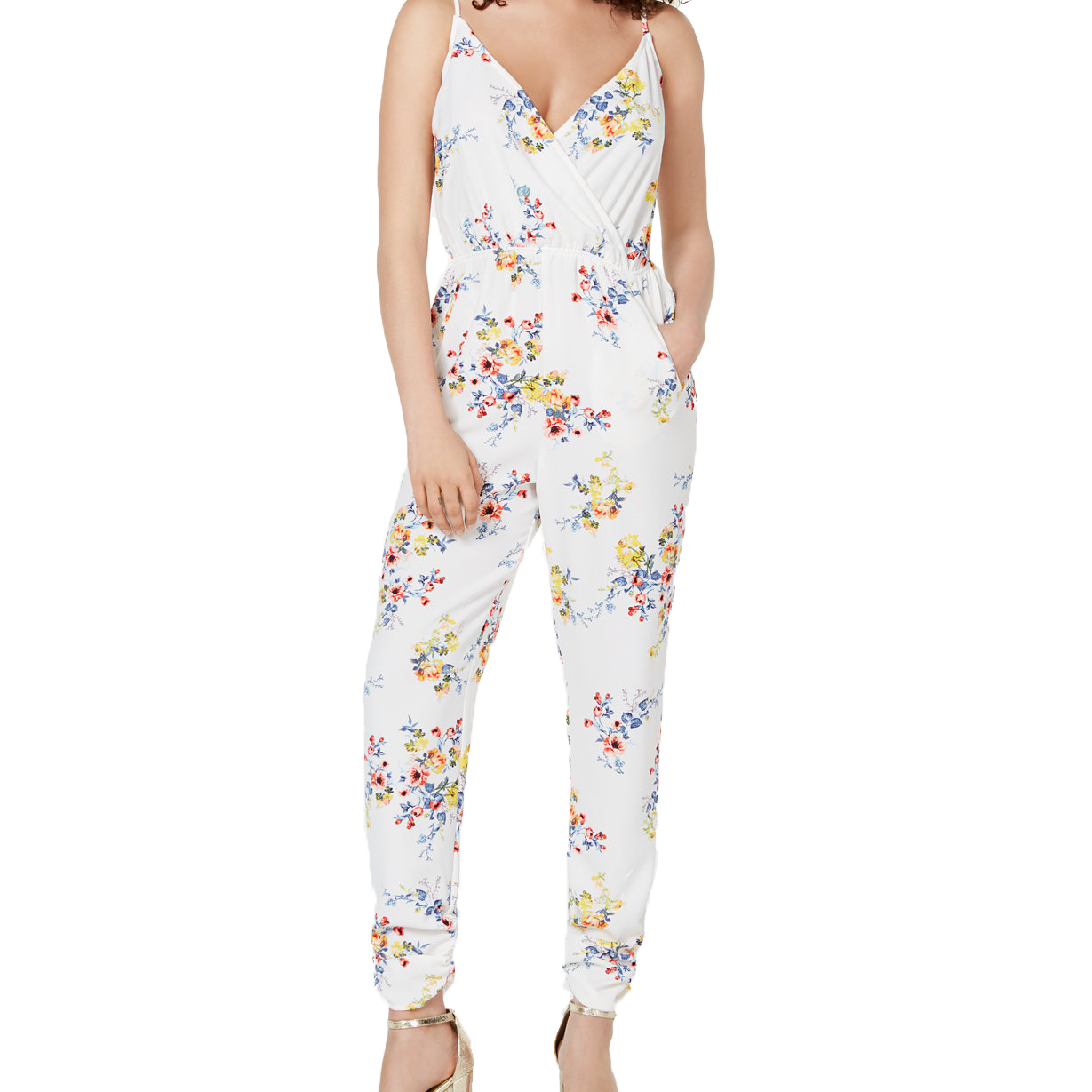 Material Girl Women Printed Ruched Hem Faux Wrap Jumpsuit White Floral