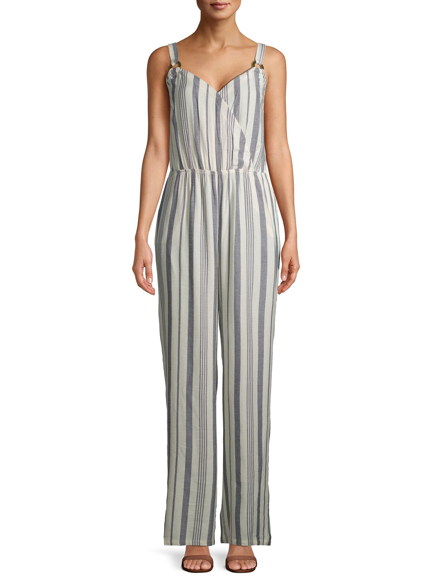 Urban Rebel Juniors Tortoise Ring Surplice Smocked Back Full Length Jumpsuit Navy Pearled Ivory