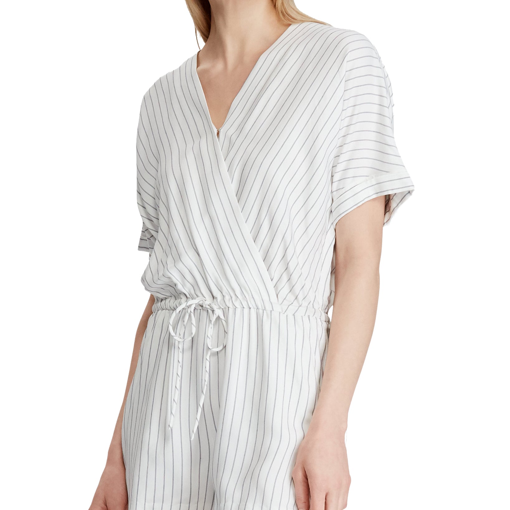 LAUREN Ralph Lauren Women Striped Surplice Romper White Blue