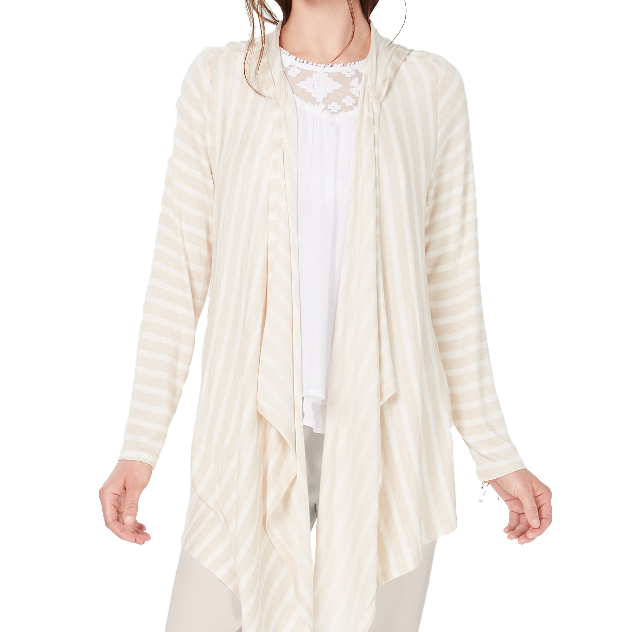 Style & Co Women Striped Hooded Completer Cardigan Sand Dollar