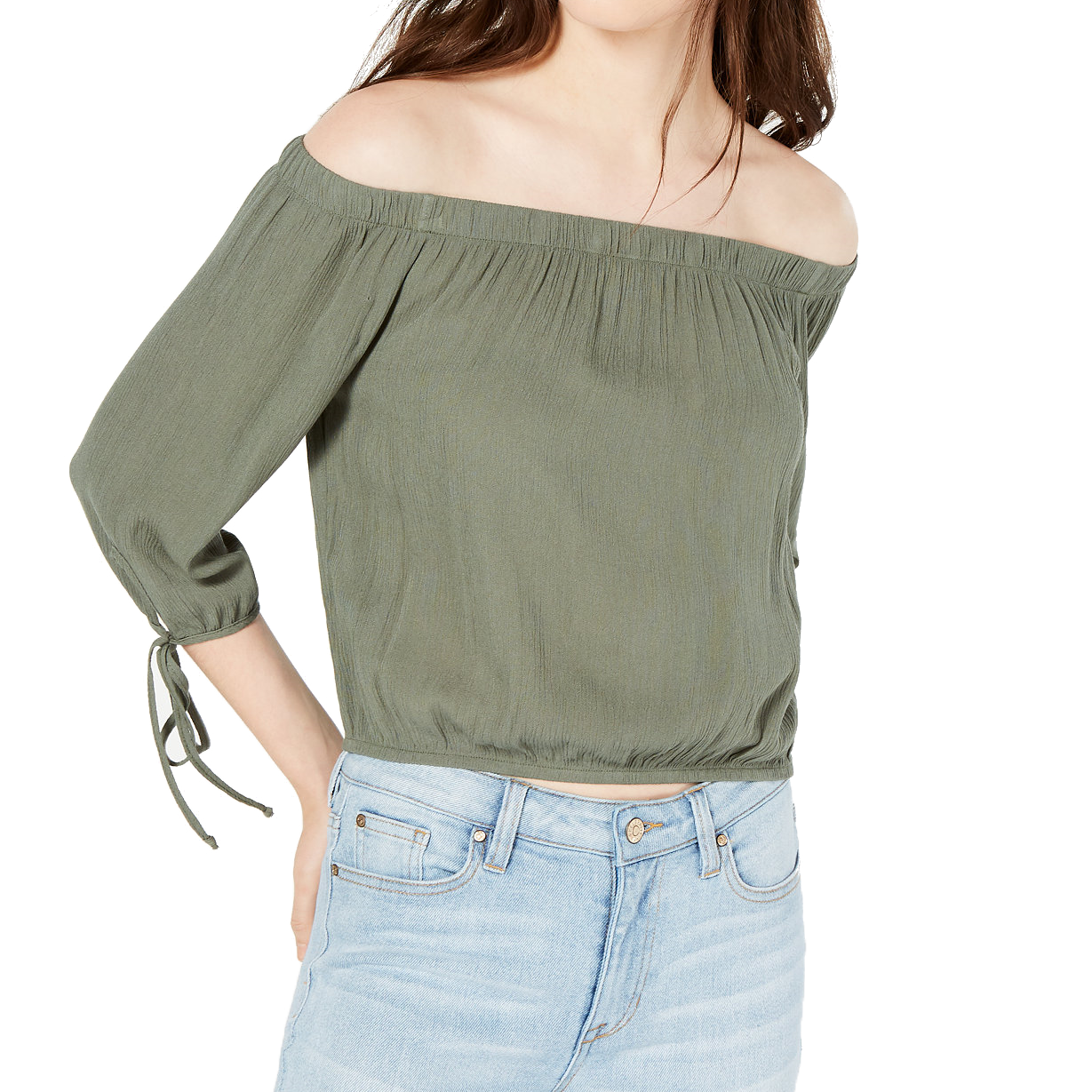 Polly & Esther Women Off The Shoulder Tie Sleeve Crop Top Olive