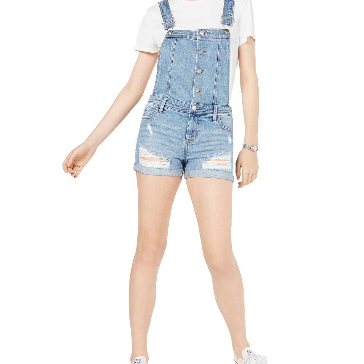 Tinseltown Women Ripped Cuffed Denim Shortalls Lux Medium Wash