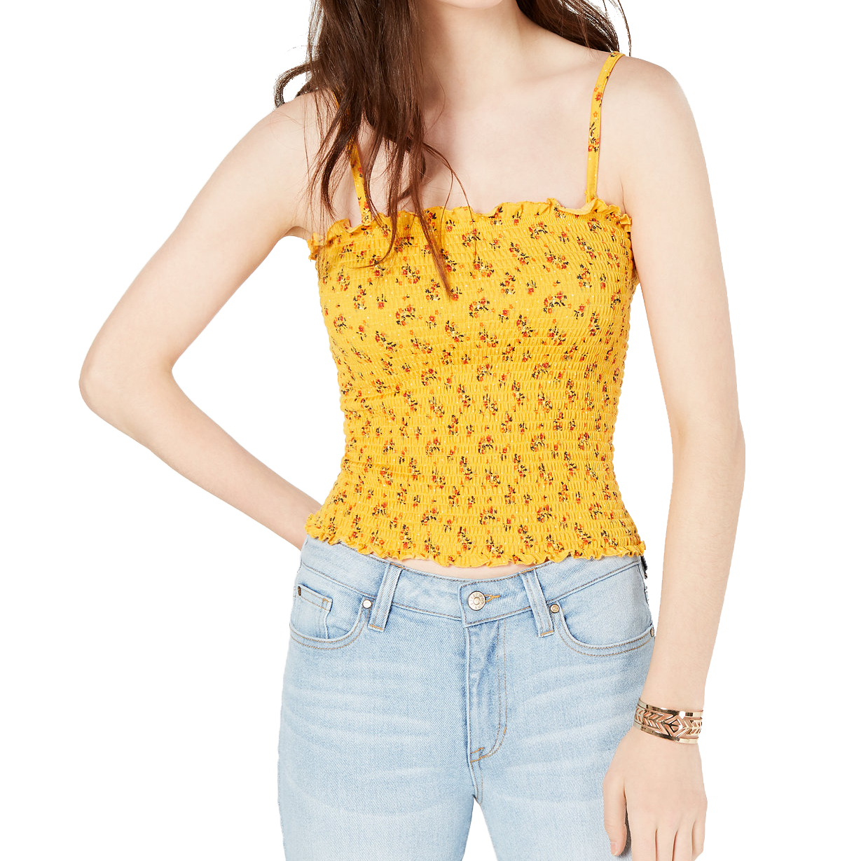 Crave Fame Women Ruffled Smocked Top Gold Flower