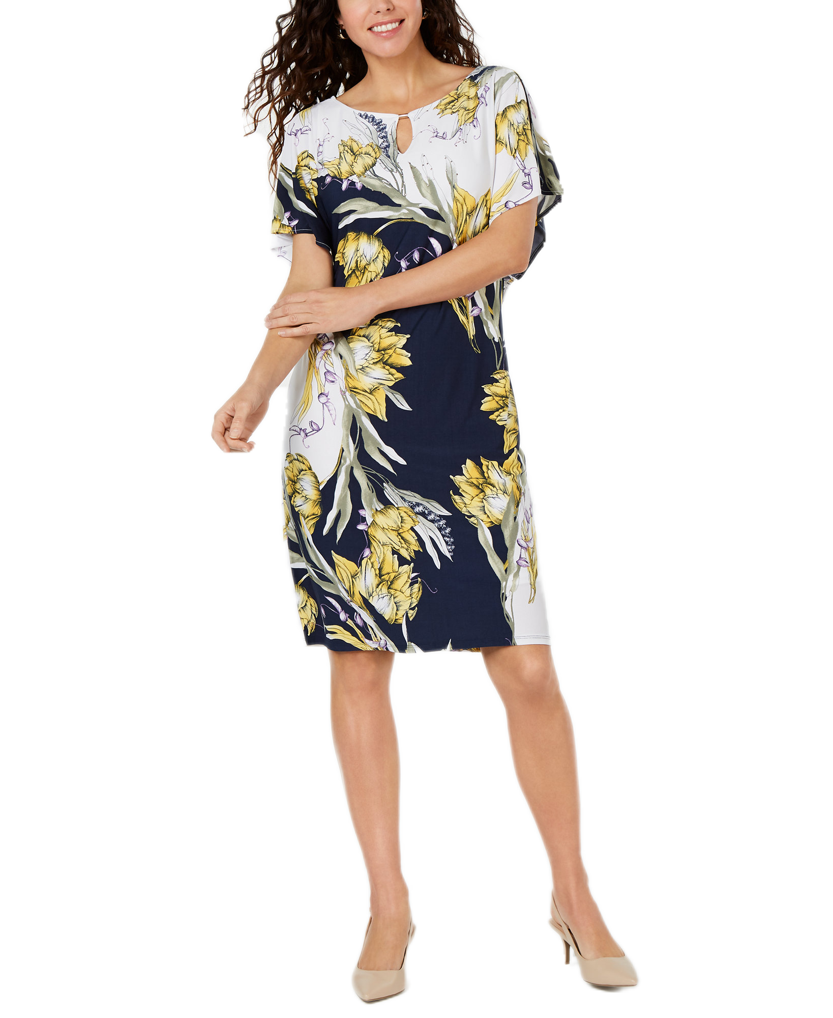 JM Collection Women Printed Embellished Flutter Sleeve Dress Amalfi Wonder
