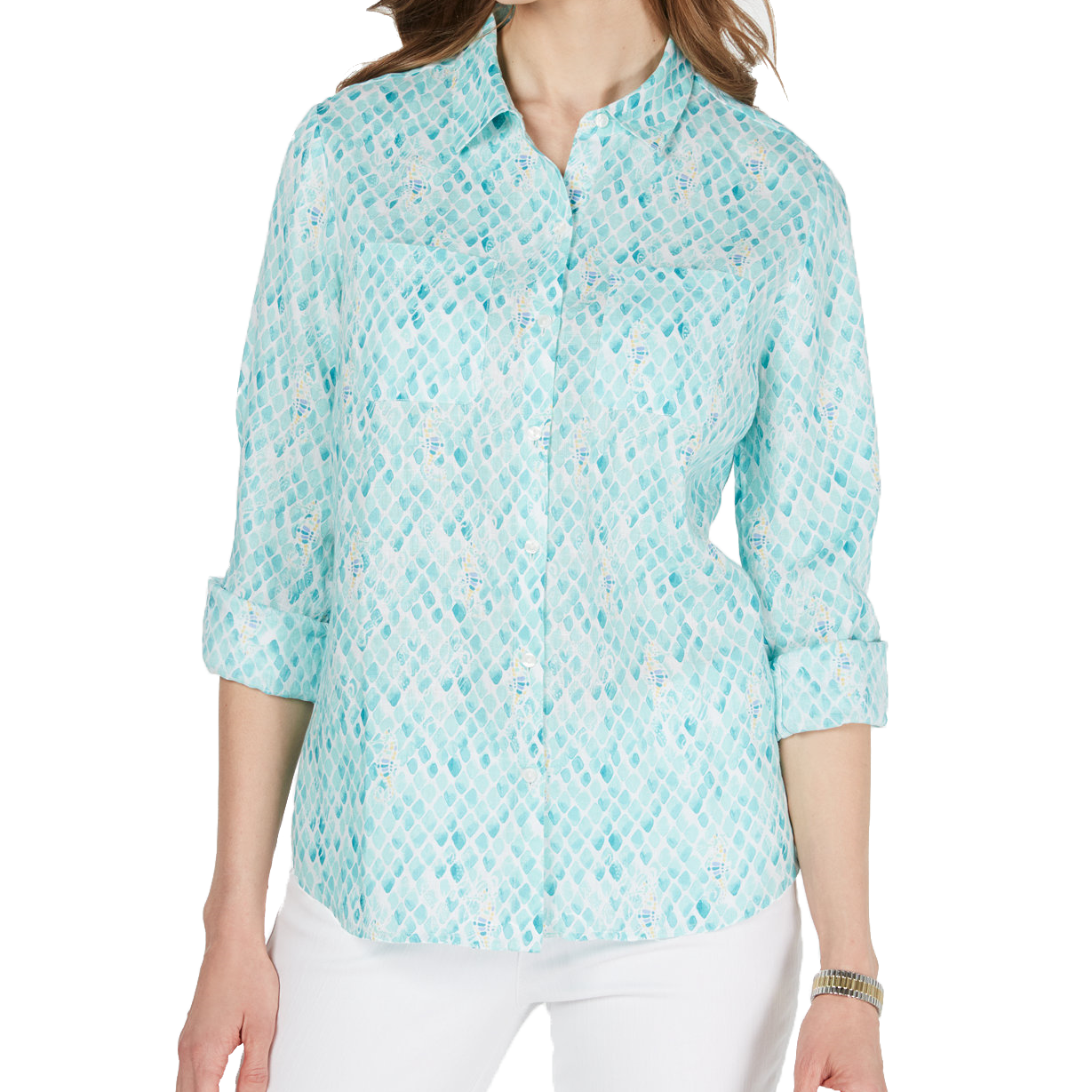 Charter Club Women Printed Button Down Linen Top Aqua Gloss Combo
