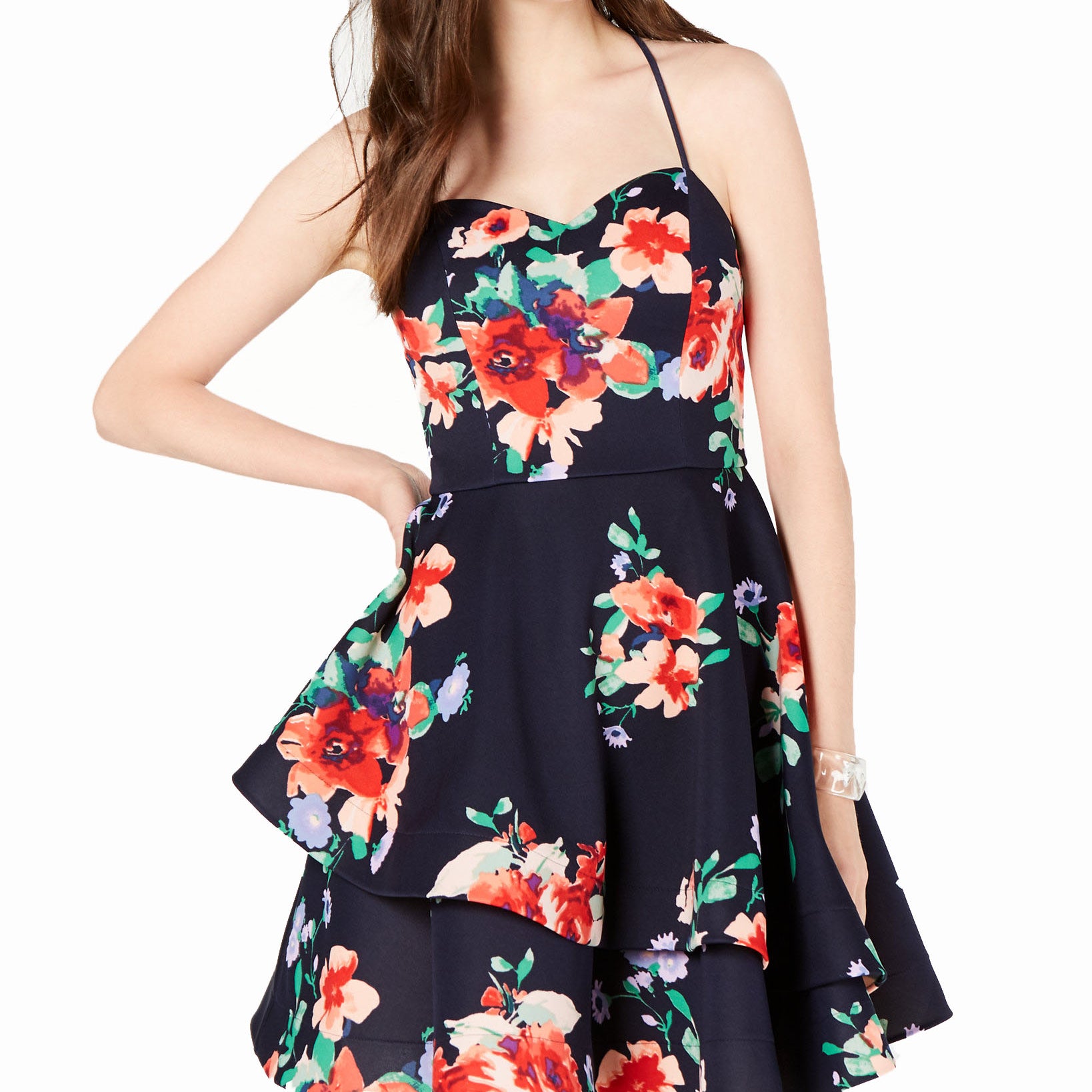 Sequin Hearts Women Floral Double Ruffle Dress Black Multi