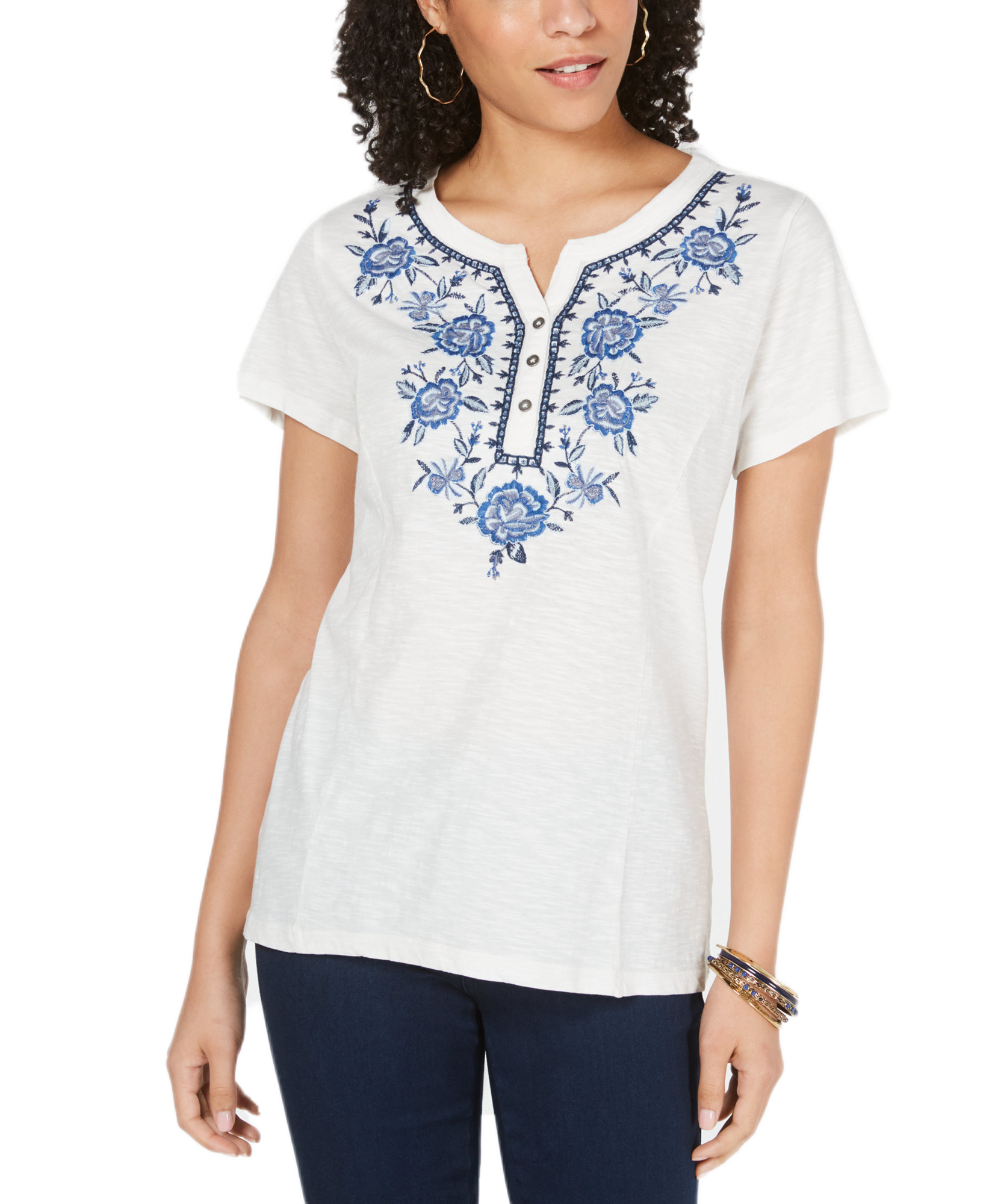 Style & Co Women Cotton Embroidered Top Winter White