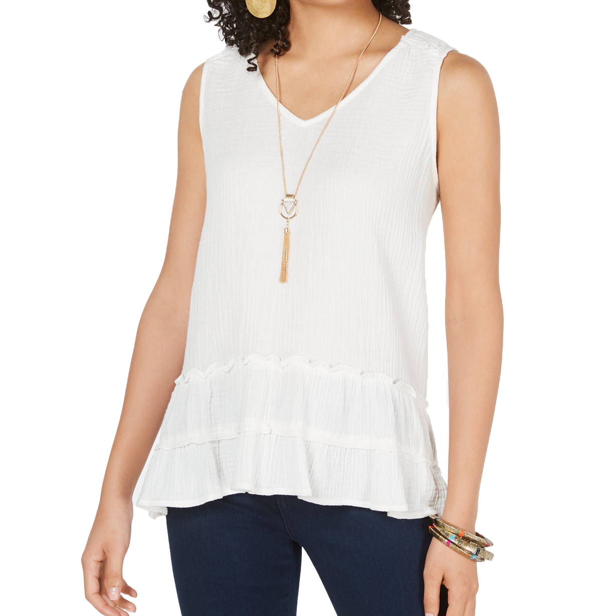 Style & Co Cotton Tiered Ruffle Hem Top Bright White