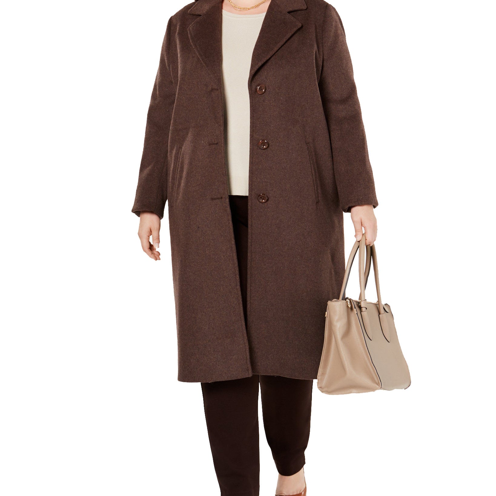 Jones New York Women Plus Notch Collar Single Breasted Reefer Maxi Coat Brown