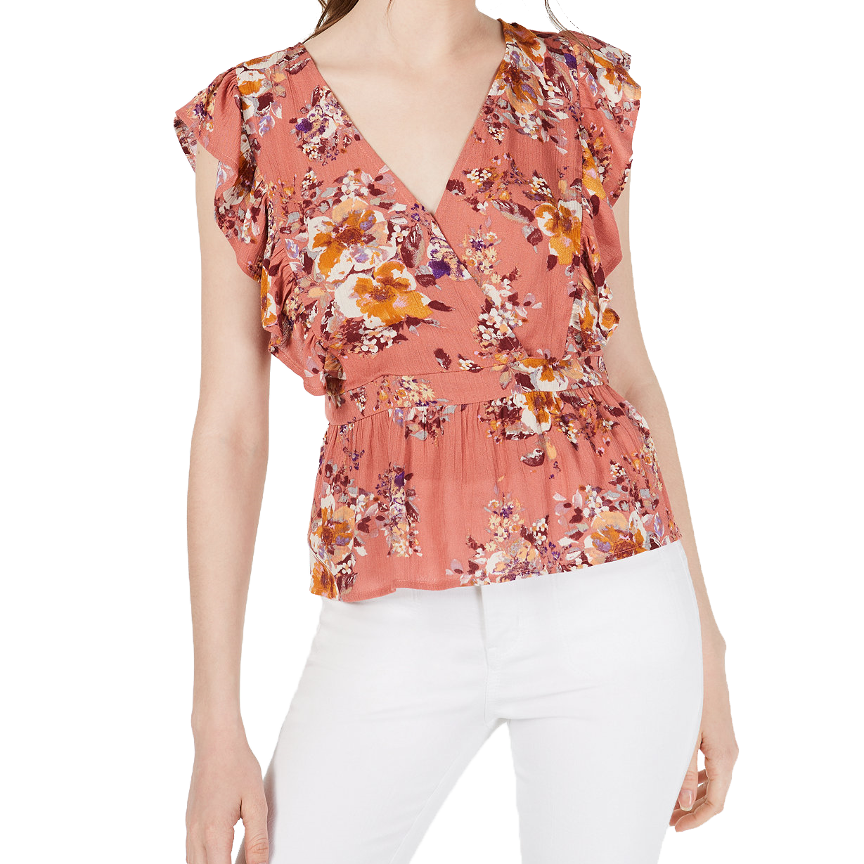 Gypsies & Moondust Women Floral Print Ruffle Sleeve Top Coral