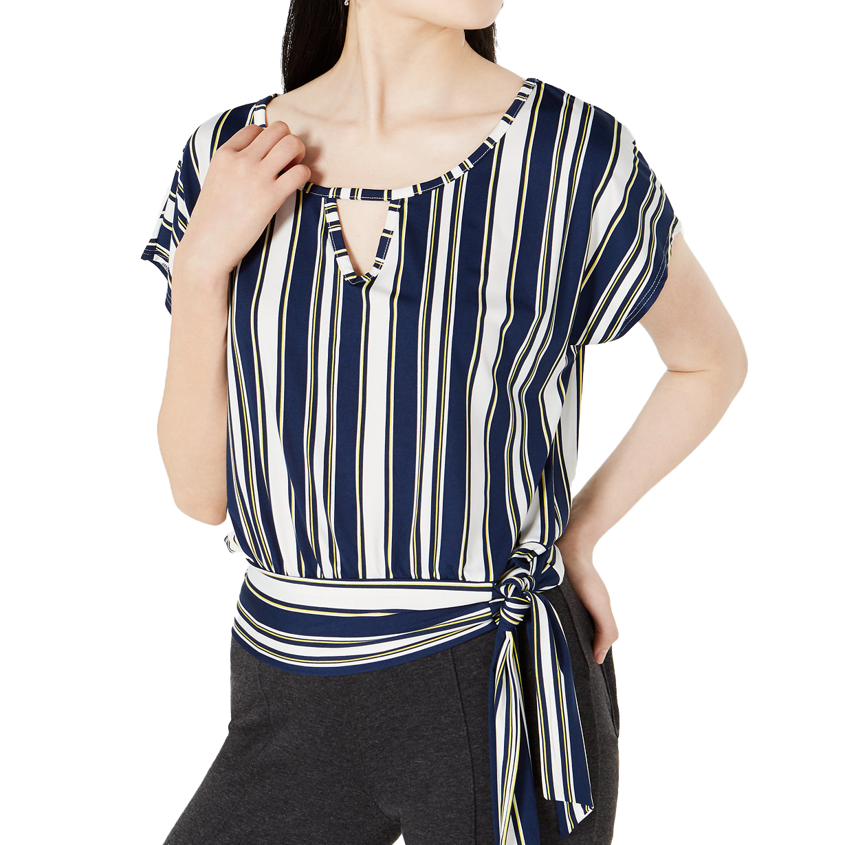 BCX Women Striped Tie Front Top Black Stripe